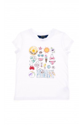 T-shirt blanc pour fille avec des motifs colorés sur le devant, Polo Ralph Lauren