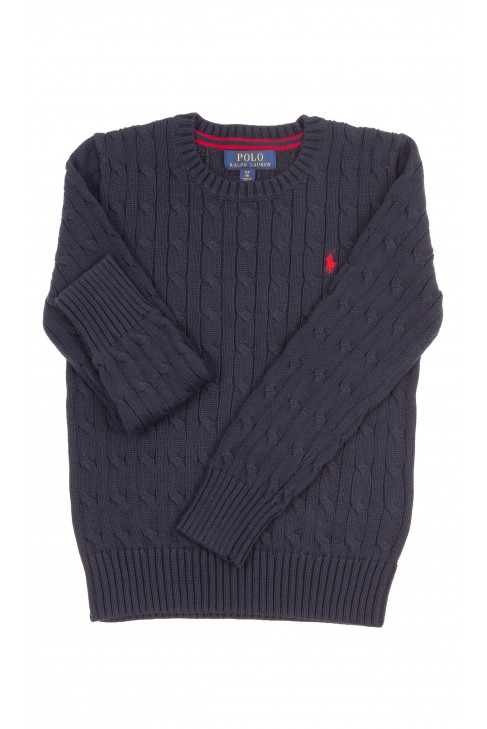 Granatowy sweter o splocie warkoczowym okrągły pod szyją, Polo Ralph Lauren