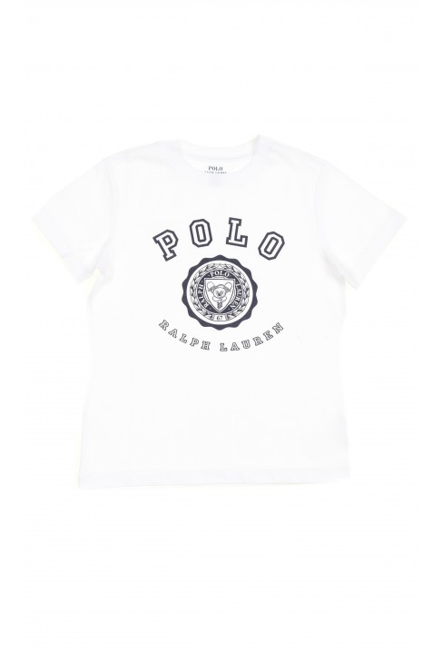 Biały t-shirt chłopięcy na krótki rękaw z nadrukiem z przodu, Polo Ralph Lauren