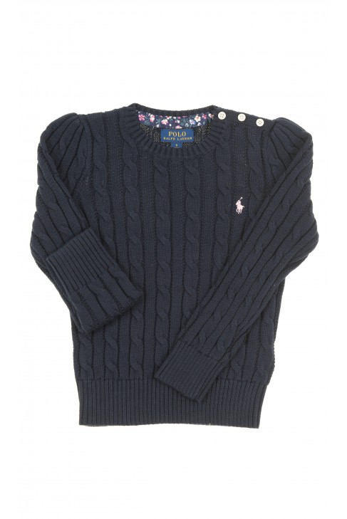 Tricot bleu marine pour fille, mailles torsades, Polo Ralph Lauren