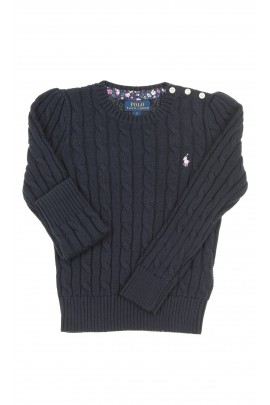 Granatowy sweter dziewczęcy o splocie warkoczowym, Polo Ralph Lauren	