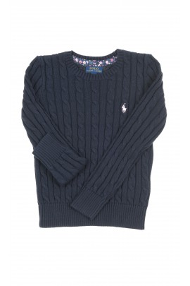 Granatowy sweter dziewczęcy o splocie warkoczowym, Polo Ralph Lauren	