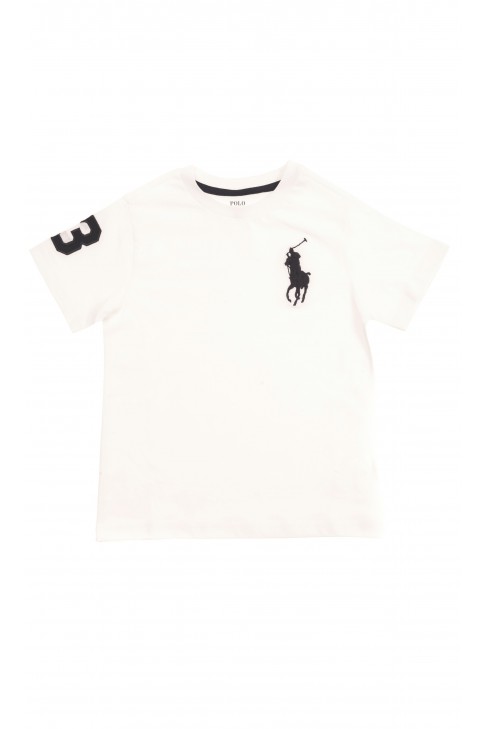 Biały t-shirt chłopięcy z dużym granatowym konikiem, Polo Ralph Lauren Biały t-shirt chłopięcy z dużym granatowym konikiem, Polo Ralph Lauren
