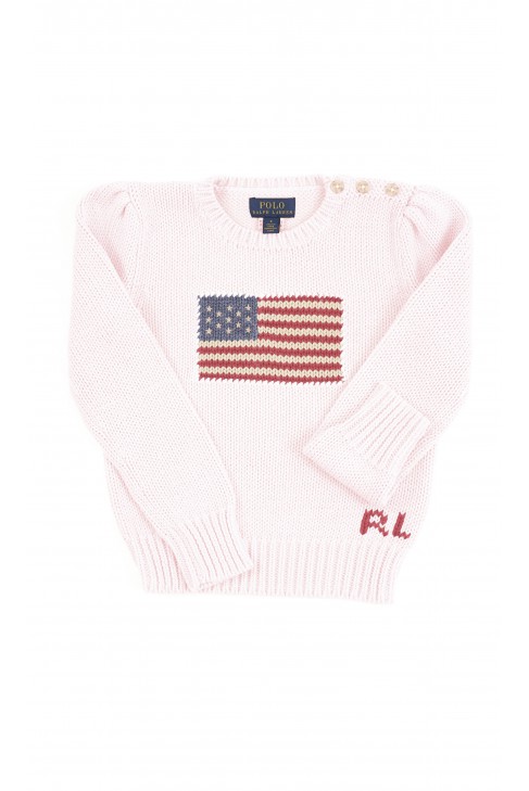 Różowy sweter dziewczęcy z flagą z przodu, Polo Ralph Lauren