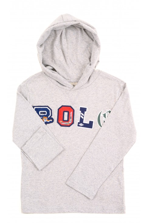 Szara cienka bluza z kapturem w aplikacje, Polo Ralph Lauren Szara cienka bluza z kapturem w aplikacje, Polo Ralph Lauren
