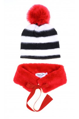 Bonnet à rayures horizontales blanc noir avec un pompon rouge, T-LOVE