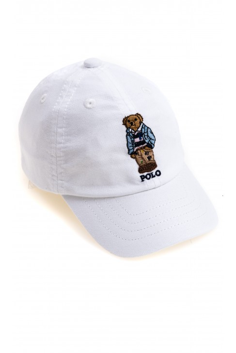 Biała czapka z daszkiem z kultowym misiem, Ralph Lauren Biała czapka z daszkiem z kultowym misiem, Ralph Lauren