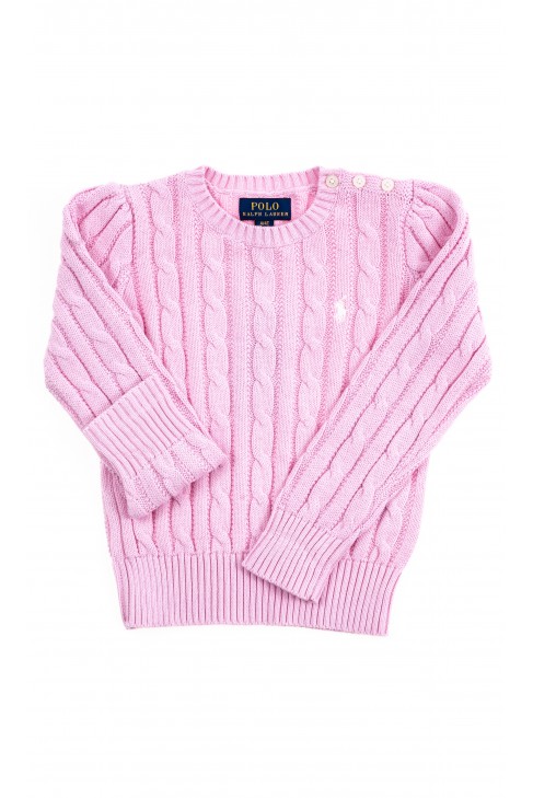 Różowy sweter dziewczęcy o splocie warkoczowym, Polo Ralph Lauren Różowy sweter dziewczęcy o splocie warkoczowym, Polo Ralph Lauren