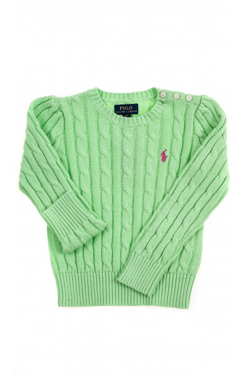 Seledynowy sweter dziewczęcy o splocie warkoczowym, Polo Ralph Lauren Seledynowy sweter dziewczęcy o splocie warkoczowym, Polo Ralph Lauren