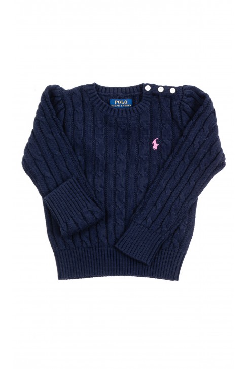 Granatowy sweter dziewczęcy o splocie warkoczowym, Polo Ralph Lauren