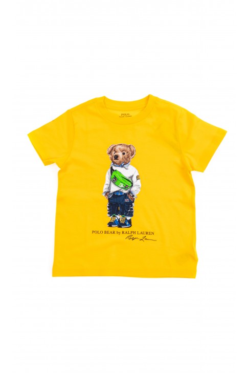 Żółty t-shirt chłopięcy na krótki rękaw z kultowym misiem z przodu, Polo Ralph Lauren Żółty t-shirt chłopięcy na krótki rękaw z kultowym misiem z przodu, Polo Ralph Lauren