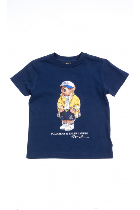 Granatowy t-shirt chłopięcy na krótki rękaw z kultowym misiem z przodu, Polo Ralph Lauren Granatowy t-shirt chłopięcy na krótki rękaw z kultowym misiem z przodu, Polo Ralph Lauren