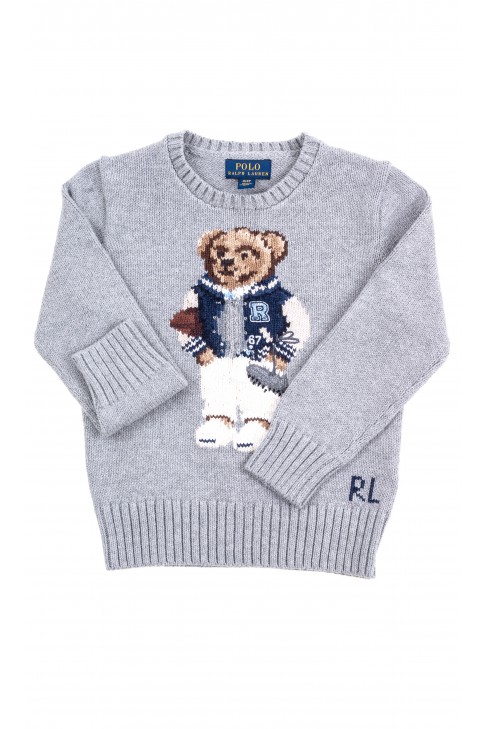 Szary sweter chłopięcy z kultowym misiem z przodu, Polo Ralph Lauren Szary sweter chłopięcy z kultowym misiem z przodu, Polo Ralph Lauren