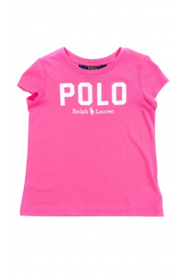Ciemno-różowy t-shirt dziewczęcy z napisem POLO, Polo Ralph Lauren