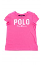 Ciemno-różowy t-shirt dziewczęcy z napisem POLO, Polo Ralph Lauren