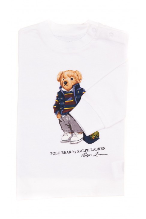 Biały t-shirt z długim rękawem z kultowym misiem, Ralph Lauren Biały t-shirt z długim rękawem z kultowym misiem, Ralph Lauren