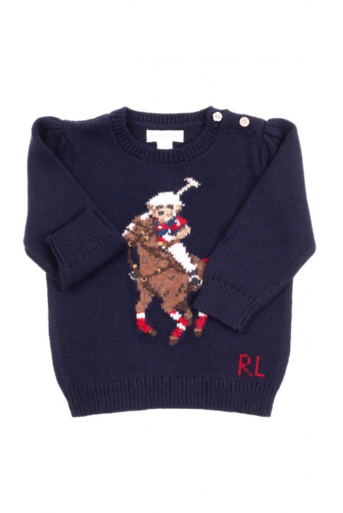Granatowy sweter dziewczęcy z misiem-Bear, Polo Ralph Lauren