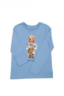 Niebieski t-shirt dziecięcy na długi rękaw z misiem-Bear, Polo Ralph Lauren