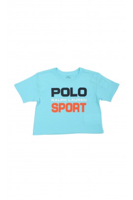 Niebieski t-shirt dziewczęcy z dużym nadrukiem POLO, Ralph Lauren
