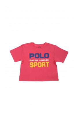 Różowy t-shirt dziewczęcy z dużym nadrukiem POLO, Ralph Lauren