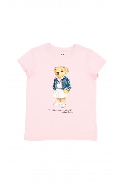 Różowy t-shirt dziewczęcy z kultowym misiem, Polo Ralph Lauren