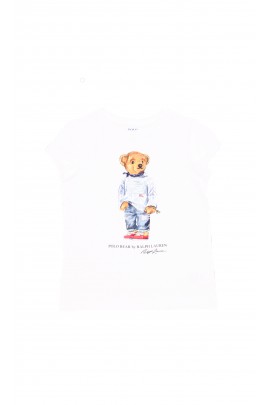Biały t-shirt dziewczęcy z kultowym misiem Bear, Polo Ralph Lauren