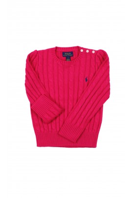 Amarantowy sweter dziewczęcy o splocie warkoczowym, Polo Ralph Lauren