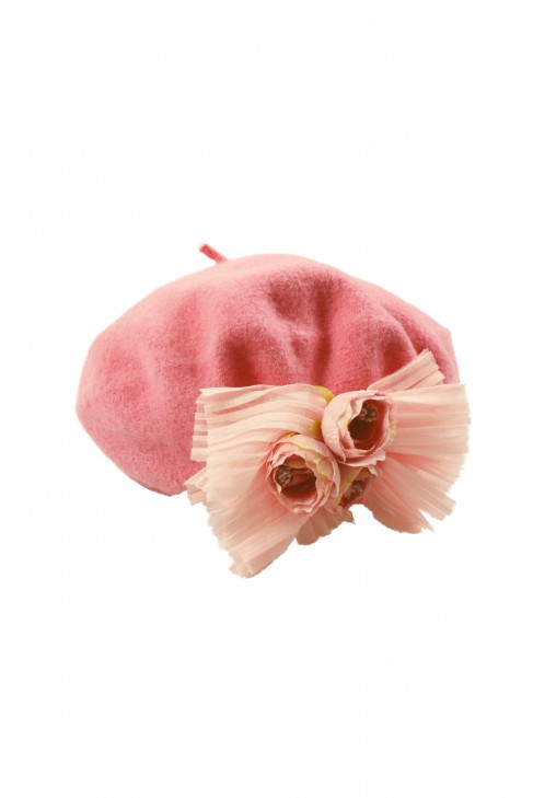 Różowy beret dziewczęcy z dekoracyjnymi kwiatami, Patachou