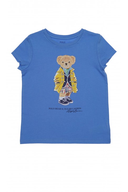 Niebieski t-shirt dziewczęcy z kultowym misiem Bear, Polo Ralph Lauren