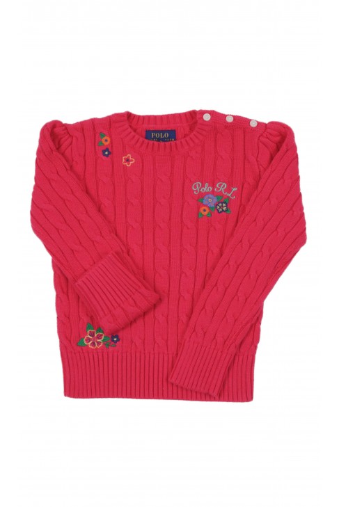 Różowy warkoczowy sweter dziewczęcy przez głowę, Polo Ralph Lauren