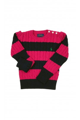Różowo- granatowy sweter dziewczęcy o splocie warkoczowym, Polo Ralph Lauren
