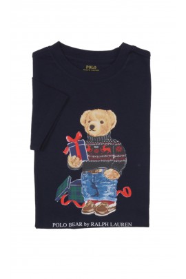 Granatowy t-shirt chłopięcy z przodu duży nadruk misia Bear, Polo Ralph Lauren