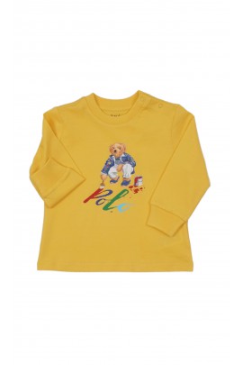 Żółty t-shirt niemowlęcy na długi rękaw z kultowym misiem, Ralph Lauren