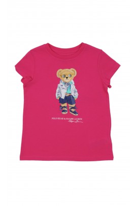 Różowy t-shirt dziewczęcy na krótki rękaw z kultowym misiem, Polo Ralph Lauren