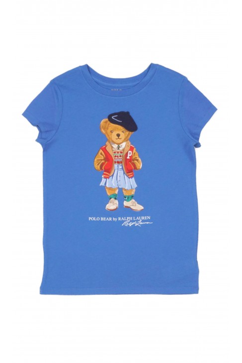 Niebieski dziewczęcy t-shirt z kultowym misiem Bear, Polo Ralph Lauren 