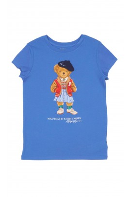 Niebieski dziewczęcy t-shirt z kultowym misiem Bear, Polo Ralph Lauren 