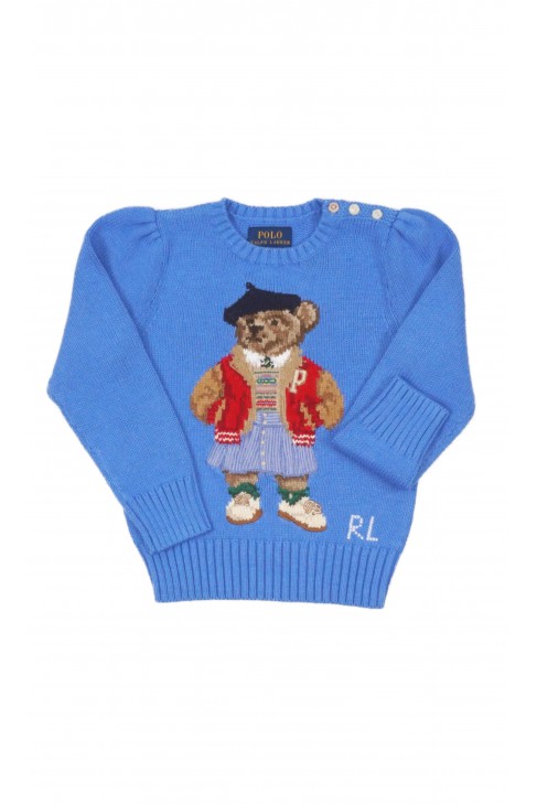 Niebieski sweter dziewczęcy z kultowym misiem Bear, Polo Ralph Lauren