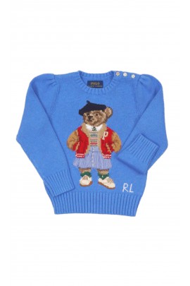 Niebieski sweter dziewczęcy z kultowym misiem Bear, Polo Ralph Lauren