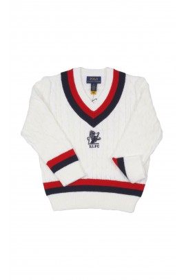 Biały sweter o splocie warkoczowym w literę V, Polo Ralph Lauren