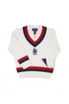 Biały sweter o splocie warkoczowym w literę V, Polo Ralph Lauren