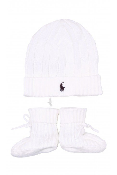 Biały komplet niemowlęcy: czapka i buciki, Ralph Lauren
