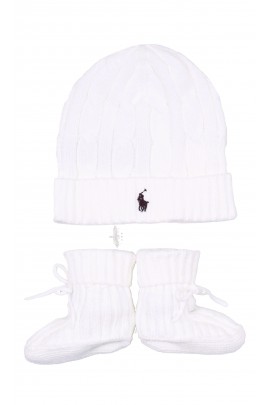 Biały komplet niemowlęcy: czapka i buciki, Ralph Lauren