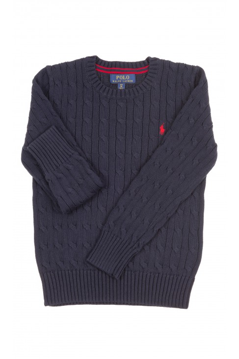 Pull bleu marine en maille torsades, décolleté arrondi, Polo Ralph Lauren Pull bleu marine en maille torsades, décolleté arrondi, Polo Ralph Lauren