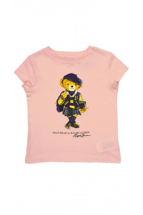Różowy t-shirt dziewczęcy z kultowym misiem Bear, Polo Ralph Lauren