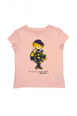 Różowy t-shirt dziewczęcy z kultowym misiem Bear, Polo Ralph Lauren